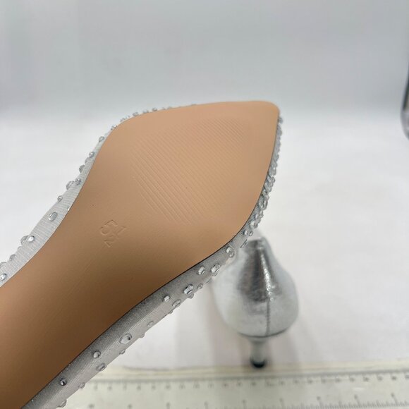 XYD Silver Pointed Closed Toe Slip On Mesh Pumps Rhinestone Kitten Heel Shoes - Picture 6 of 8